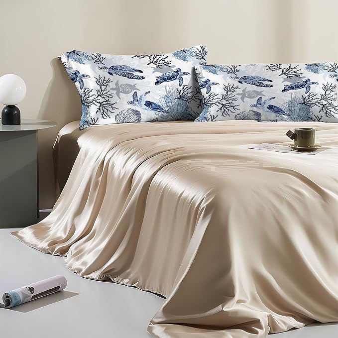Satin Pillowcase 1 Pack-Nautical Turtle and Corals Silky Pillow Cover for Hair and Skin,King Size 20x36 Inch Soft Cooling Printed Pillow Cases with Hidden Zipper,Gifts for Women Men