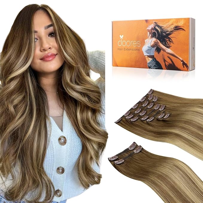 DOORES Hair Extensions Clip in Human Hair, Medium Brown Highlighted Dirty Blonde 150g 9pcs 20 Inch, Real Straight Hair Extensions Remy Extensions