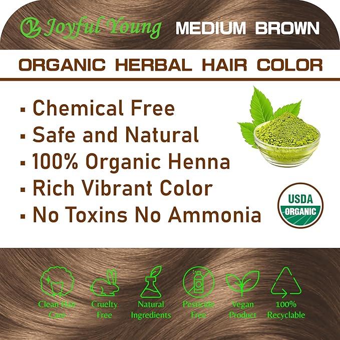 100% Organic Henna Hair Color – Natural, Chemical-Free Hair Dye for Rich, Vibrant Color & Gloss – Grey Coverage, Safe for All Hair Types, Vegan Non-Toxic, Herbal Hair Treatment (MEDIUM BROWN)