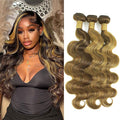 Highlight Yellow Golden Blonde On Chocolate Brown Color Body Wave Human Hair Bundles 100% Real Virgin Human Hair 3 Bundles Body Wave 12 14 16 Inch Colored Sew in Quick Weave