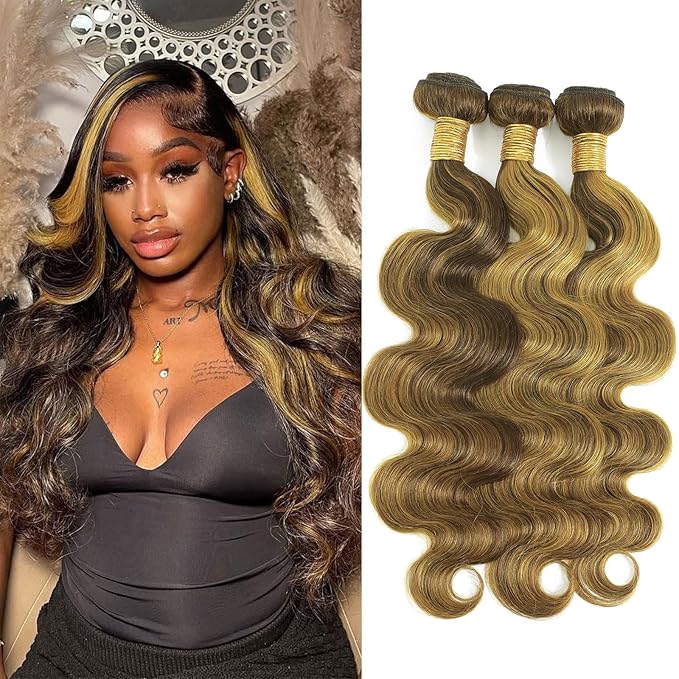 Highlight Yellow Golden Blonde On Chocolate Brown Color Body Wave Human Hair Bundles 100% Real Virgin Human Hair 3 Bundles Body Wave 12 14 16 Inch Colored Sew in Quick Weave