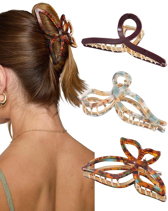 HAIMEIKANG 3 PCs Metal Acrylic Hair Bow Claw Clips - Strong Hold Non-Slip Large Gold Clips for Thick Hair