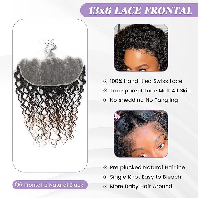 T1B/2/30 Ombre 13x6 Water Wave Lace Frontal 100% Real Human Hair 18 Inch Chestnut Brown Ombre Water Wave Transparent Lace Frontal