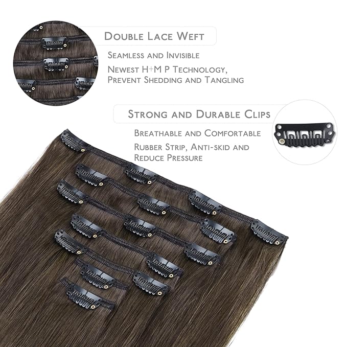 WENNALIFE Clip in Hair Extensions Real Human Hair, 24 Inch 120g 7pcs Human Hair Extensions Clip In Human Hair, Cool Dark Brown Clip In Real Hair Coloured Remy Human