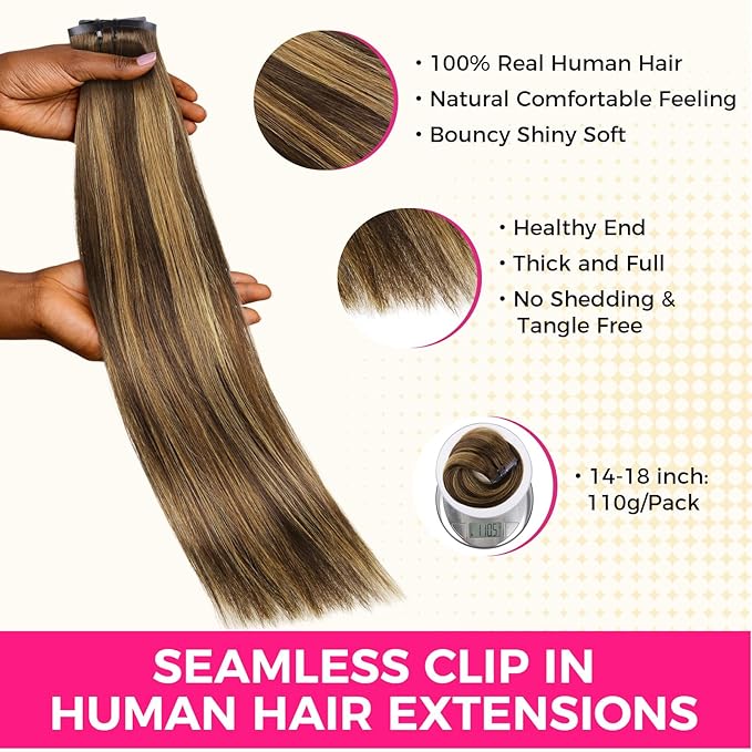 Lashey Seamless Clip in Hair Extensions Human Hair, 14 Inch 110g 7pcs Straight Balayage Chocolate Brown to Honey Blonde with Brown Root Highlight Clip in Hair Extensions for Women