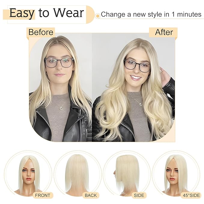 SEGO Hair Toppers for Women Real Human Hair With Bangs, 7 * 13CM Silk Base 100% Remy Human Hair Clip in Top Wiglet Hairpieces Add Volume /18 Inch Platinum Blonde