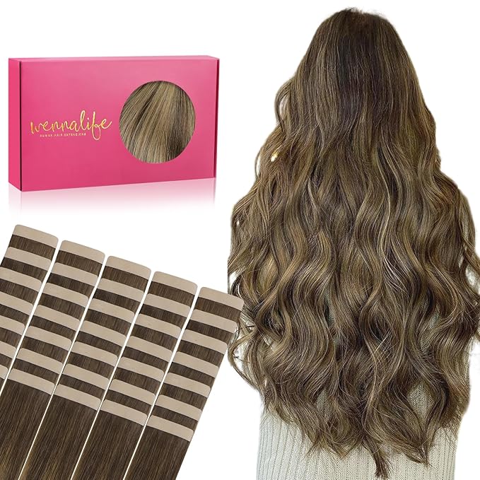 WENNALIFE Tape in Hair Extensions Human Hair, 40pcs 80g 12 inch Balayage Chocolate Brown to Caramel Blonde Hair Extensions Real Human Hair Straight Tape in Extensions Reusable Real Hair Extensions