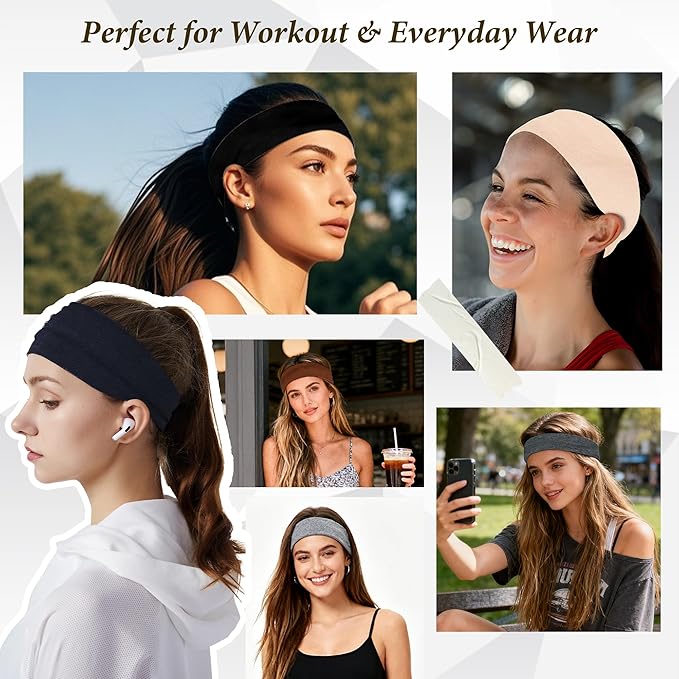 Headbands for Women Non Slip Elastic - 8 Pack Soft Cloth Athletic Headband, Fabric Workout Headbands Stretchy, Fashion Head Bands for Yoga Running Sports