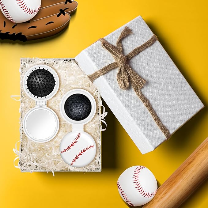 12 Pcs baseball Mini Detangler Brush, Folding Mirror Hair Brushes, Travel Hair Brush, No Tangle Soft Flexible Bristles for Straight, Curly, Thick Hair for baseball Team Gift Sport Party