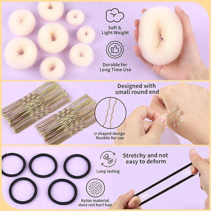 FANDAMEI Hair Bun Maker Set- 8 PCS Hair Donuts for Buns (2 Extra-large,2 Large,2 Medium and 2 Small), 40 PCS Bobby Pins, 5 PCS Hair Elastic Ties Black,Bun Maker - Gold