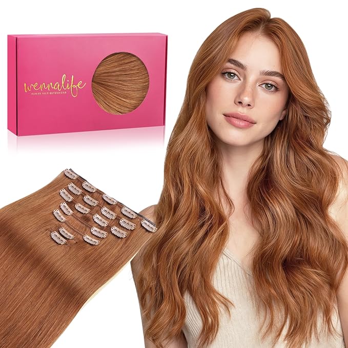 WENNALIFE Clip in Hair Extensions Real Human Hair, 12 Inch 80g 7pcs Remy Hair, Cinnamon Terra Copper Straight Natural Extensiones De Cabello Humano Con Clip Ins