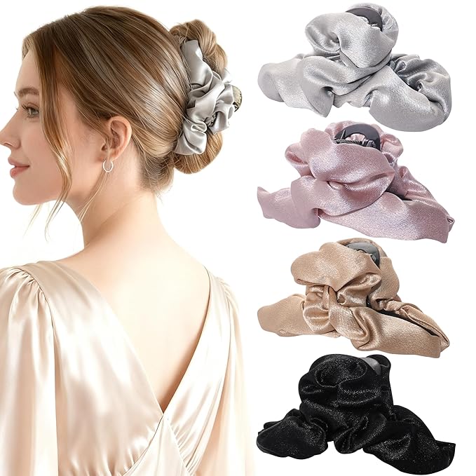 4Pcs Satin Hair Claw Clips Set, Large Silk-Like Hair Jaw Clamps in Champagne-Pink-Black-Gray, Non-Slip Strong Hold Hair Accessories for Thin/Medium/Thick, Stylish Hair Grips for Women Girls