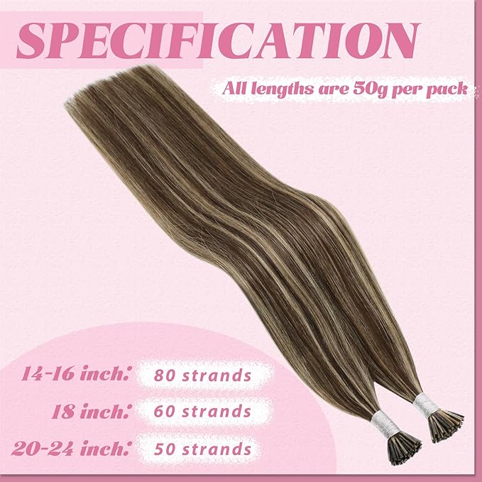 YoungSee I Tips Hair Extensions Brown Itip Hair Extensions Real Human Hair Highlight Dark Brown with Blonde Itip Hair Extension for Everyday Use 18 Inch 50g 60s