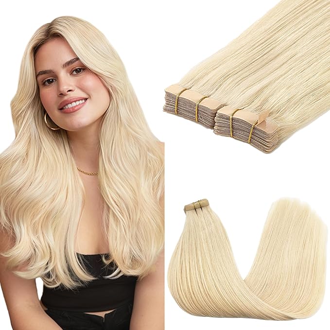 GOO GOO Tape in Hair Extensions Human Hair, 613R Bleach Blonde, 10inch 60g 40pcs, Skin Weft Seamless Invisible, Silky Straight with Thick Ends, Remy Human Hair