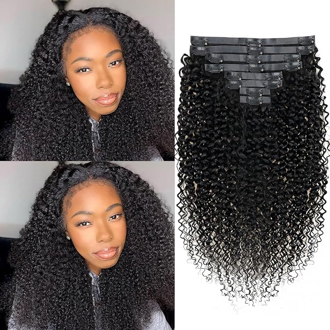Seamless Kinky Curly Clip in Hair Extensions Real Human Hair Brazilian Virgin 3c 4a Curly Clip ins Human Hair Extensions (16inch,#1B)