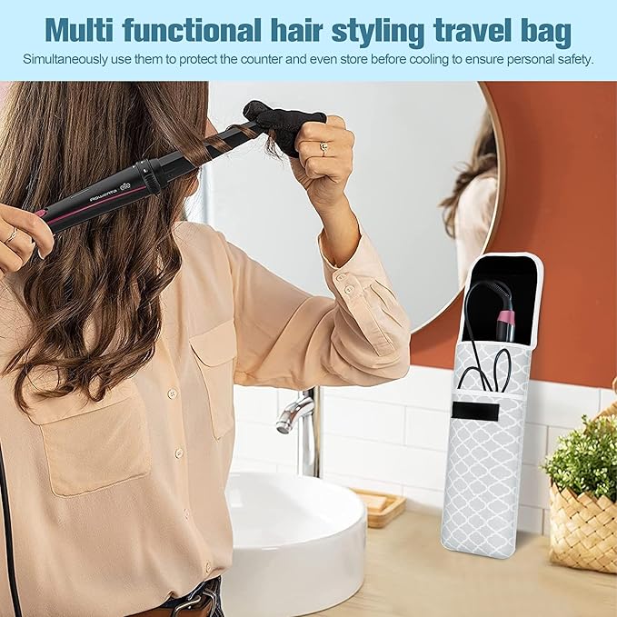 Women's Heat Resistant Neoprene Curling Iron Holder Flat Iron Curling Wand Travel Storage Cover Case Bag Pouch -Water-Resistant (Grey-1)