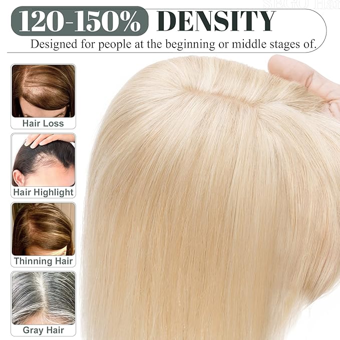 SEGO Hair Toppers for Women Real Human Hair with Thinning Hair, Toppers Hair Pieces Clip in Toppers Straight Hair Pieces with Front Bangs -8 Inches #18/613 Ash Blonde Mix Bleach Blonde