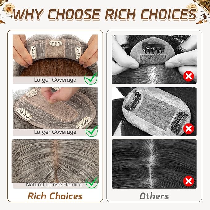 Rich Choices Hair Toppers for Women Real Human Hair 100% Human Remy Toppers NO Bangs for Women with Thinning on Top Clip in Hairpiece 4"x4.7"Lace Base 10 Inch Salt and Pepper G2 Sliver