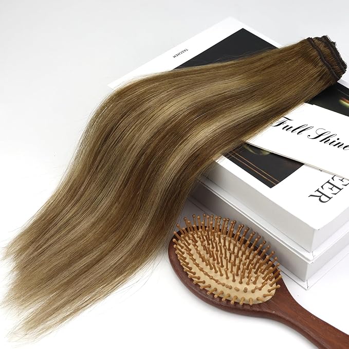 Full Shine Real Hair Extensions Clip in Human Hair Brown Clip in Hair Extensions Brown with Light Brown Balayage Hair Extensions Remy Hair for Women 14 Inch 3 Pcs 60 Grams