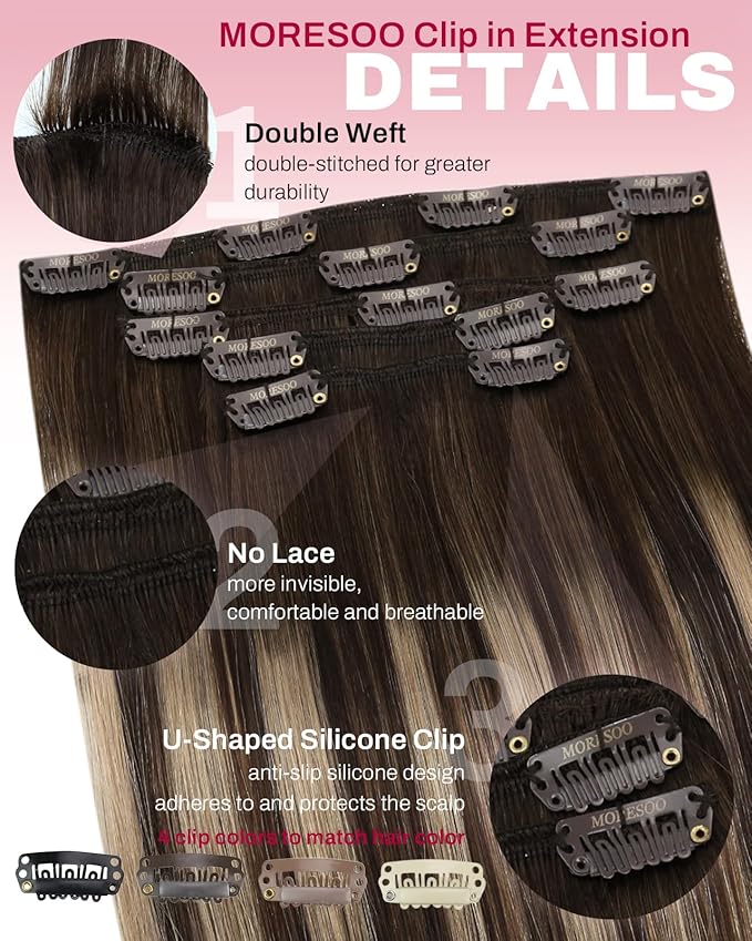 Moresoo 12 inch Real Human Hair Clip in Extensions Dark Brown to Caramel Blonde Balayage Clip in Hair Extensions Brown to Blonde Short Remy 80g/5pcs 12in