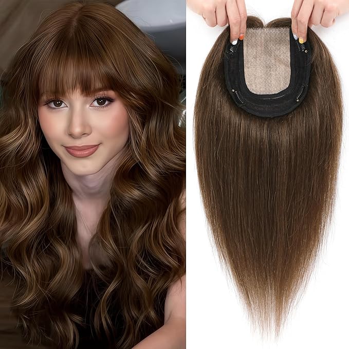 Hair Toppers for Women Real Human Hair, 360° 3D Toppers Pieces for Women with Thinning Crown Wispy Bangs 14 Inch Upgrade Big Basement (Medium Brown, 14 Inch Wispy Bangs)