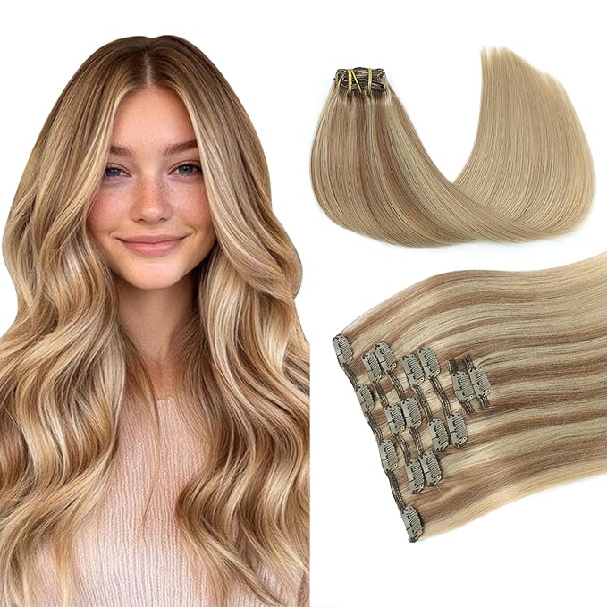PINKPEARL Clip in Hair Extensions Real Human Hair #10/16/16 Golden Brown to Caramel Blonde Human Hair Clip in Hair Extensions 7pcs 120g 16inch Human Hair Extensios Clip ins(#10/16/16-16)