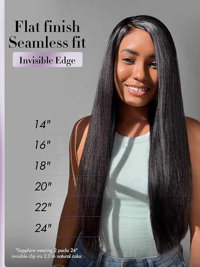 LUVME Invisible Clip in Hair Extensions, Yaki Straight Real Human Hair 16 Inch 2 Pack 220g 12pcs Clip ins Hair Extensions Natural Black for Women