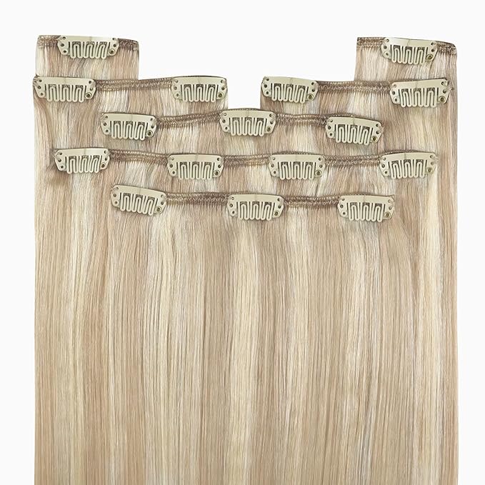 YoungSee 150G Clip in Extensions Real Human Hair Ash Blonde Hair Extensions Clips ins Warm Ash Blonde Highlights Bleach Blond Human Hair Clip in Extensions Blend Naturally 22Inch 7Pcs