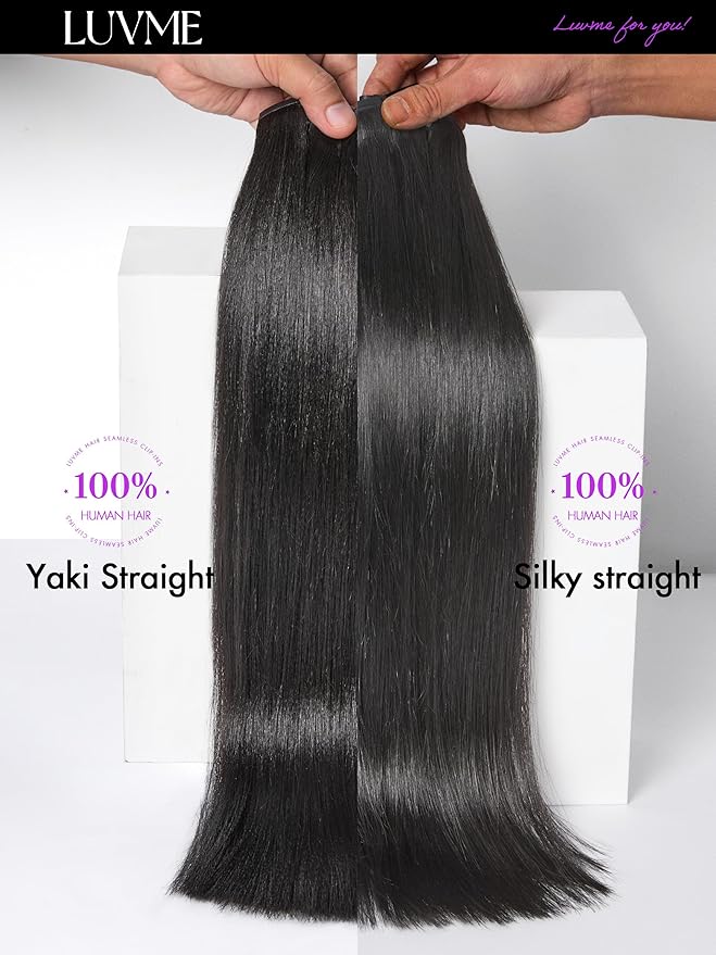 LUVME Yaki Straight Seamless 2 Pack 220g 14Pcs Clip in Hair Extensions Full Max with 22inch Remy Human Hair Extensions, Natural Black 100% Real Soft Hair
