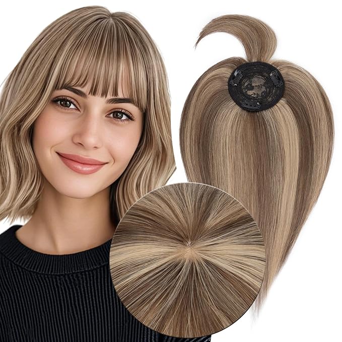MY-LADY Human Hair Toppers for Women Real Human Hair with Bangs Thin 8.5 * 8.5CM Mono Base Clip in Straight Remy Hairpieces Light Weight 10 Inch Medium Brown Mixed Dark Blonde