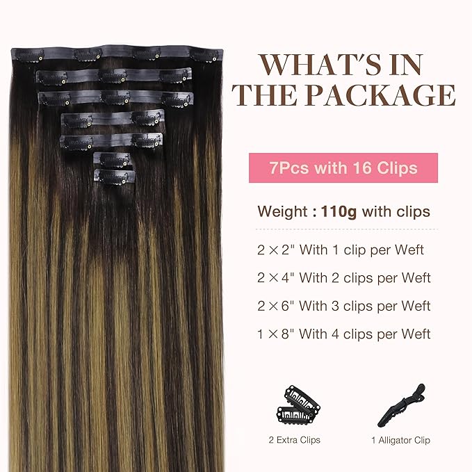 GOO GOO Clip in Hair Extensions Real Human Hair, Remy Human Hair Extensions Clip ins for Women, Natural Human Hair, 16inch 110g 7Pcs, 2/6/2 Balayage Dark Brown to Chestnut Brown