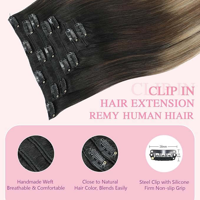 PINKPEARL Clip in Hair Extensions Real Human Hair #1B/4/27 Balayage Natural Black to Chocolate Brown and Caramel Blonde Clip in Hair 7pcs 120g 16inch Human Hair Extensios Clip ins(#1B/4/27-16)