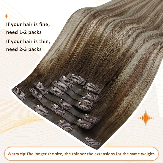 Full Shine Clip in Hair Extensions Brown Ombre Real Hair Clip in Extensions Light Brown Mix Blonde Seamless Human Hair Extension for Women Ease of Use 14 Inch 8 PCS 120G