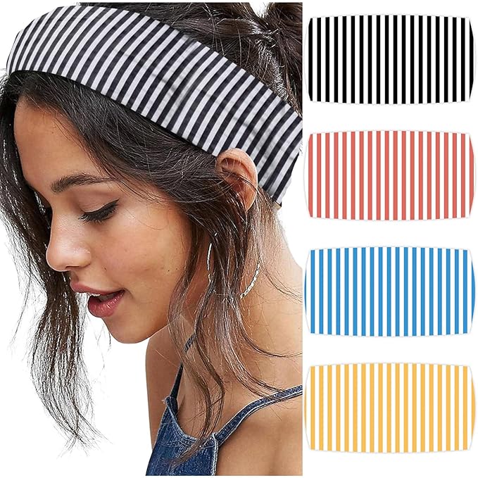 4pcs Striped Headbands for Women Wide Head Bands for Women's Hair Non Slip Wraps Elastic Stretchy Fashion Bandanas Workout Yoga Cute Hair Bands for Women's Hair Accessories