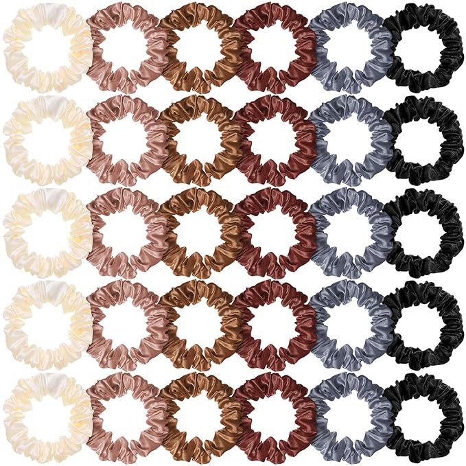 WILLBOND 30 Pcs Small Satin Silk Scrunchies Bulk for Women, Thin Hair Ties Mini Scrunchy Bands Skinny Ponytail Holders for Thick Curly Hair Pony Tails Wrist Decor(Colorful)