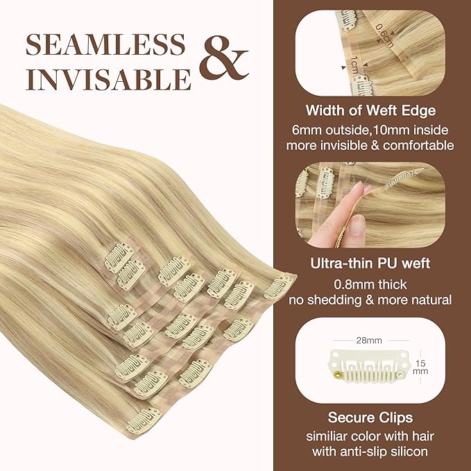 GOO GOO Clip in Hair Extensions Real Human Hair, Remy Human Hair Extensions Clip ins for Women, Natural Human Hair, 20inch 150g 7Pcs, 18D/22F Dirty Blonde Highlights