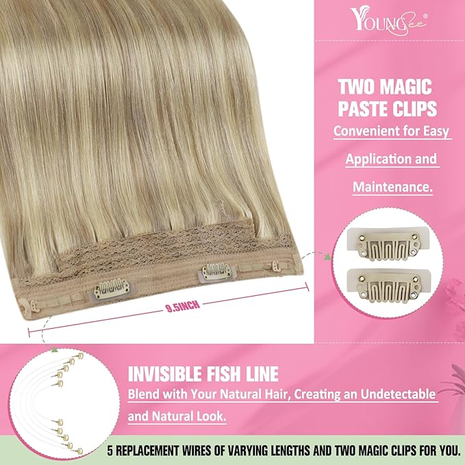 YoungSee 130G Wire Human Hair Extensions Blonde Highlight Wire Hair Extensions Human Hair Golden Blonde Highlights Light Blond Fish Line Extensions Remy Hair 20Inch