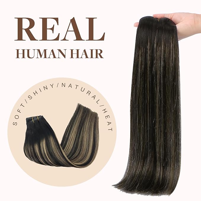 GOO GOO Clip in Hair Extensions Real Human Hair, Remy Human Hair Extensions Clip ins for Women, Natural Human Hair, 16inch 130g 7Pcs, 1B/16/1B Balayage Natural Black to Light Blonde