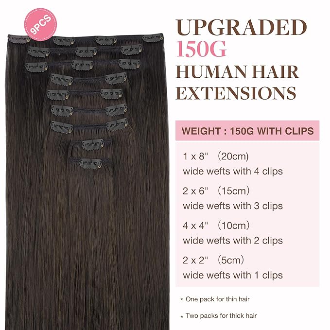 GOO GOO Clip in Hair Extensions Real Human Hair, Remy Human Hair Extensions Clip ins for Women, Natural Human Hair, 26inch 260g 9Pcs, #2 Dark Brown