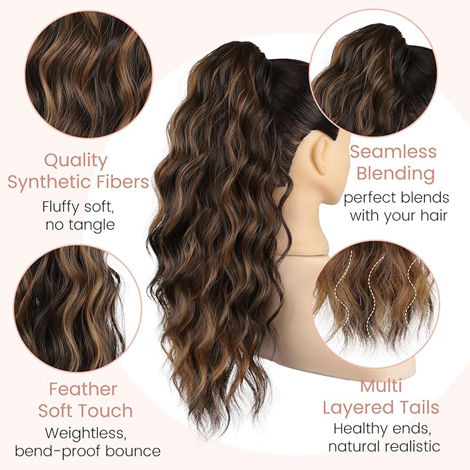 Claw Clip Ponytail Extension 18 Inch Curly Wavy Ponytail Extension Jaw Clip on Pony Tails Hairpiece for Women Fluffy Natural Synthetic for Daily Use (Dark Brown with Auburn Blonde)