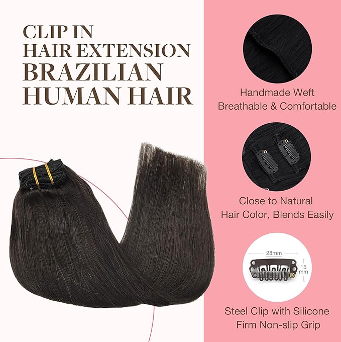 GOO GOO Clip in Hair Extensions Real Human Hair, Remy Human Hair Extensions Clip ins for Women, Natural Human Hair, 16inch 120g 7Pcs, 2 Dark Brown