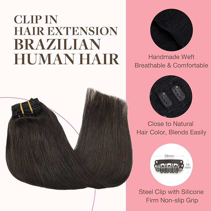 GOO GOO Clip in Hair Extensions Real Human Hair, Remy Human Hair Extensions Clip ins for Women, Natural Human Hair, 12inch 85g 7Pcs, 2 Dark Brown