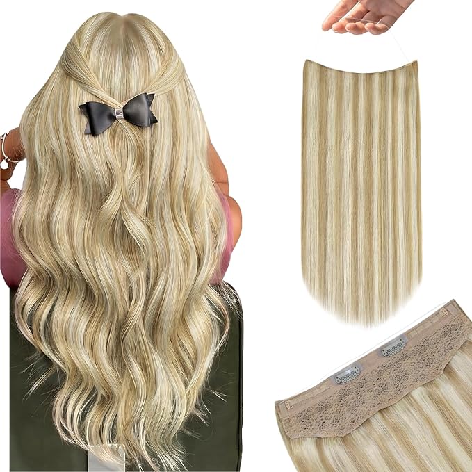 YoungSee Wire Hair Extensions Balayage Wire Human Hair Extensions Balayage Medium Brown Mix Caramel Blonde Fish Line Extension for Women 12 Inch 70g