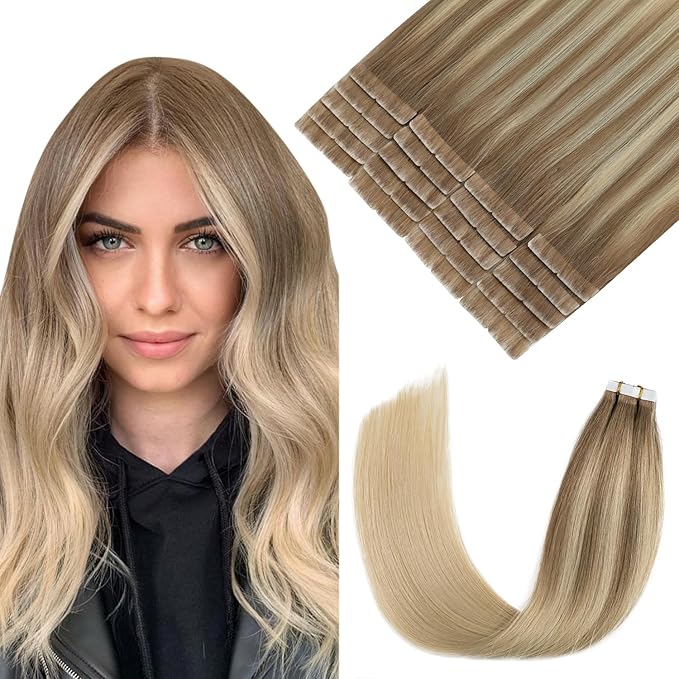 Pinkpearl Invisible Tape in Hair Extensions Human Hair, 20pcs 18inch 50g #8T60 Balayage Ash Brown to Platinum Blonde Injection Tape in Extensions Real Remy Seamless Human Hair Injected