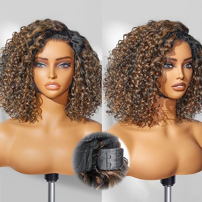 LUVME HAIR 100% Human Hair Wigs Curly Deep Wave Glueless Lace Front 14 Inches Pre Cut Plucked Hd Lace Short Wig Ready To Go Highlight Color Straight Bleached Knots Side Part Black Wigs