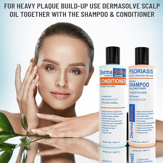 Dermasolve Scalp Psoriasis Medicated Shampoo & Conditioner - Naturally Heals Dandruff Seborrheic Dermatitis Itchy Flakey Inflamed Skin & Provides Soothing Moisturizing Relief - 8 oz bottles (2 Pack)