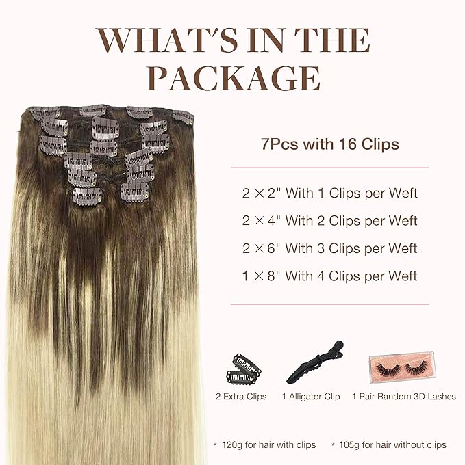 GOO GOO Clip in Hair Extensions Real Human Hair, Remy Human Hair Extensions Clip ins for Women, Natural Human Hair, 16inch 120g 7Pcs, 4/18 Balayage Chocolate Brown Highlighted Dirty Blonde