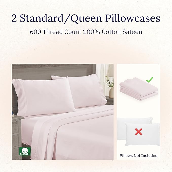 California Design Den Luxuriously Soft Premium 600 Thread Count, 100% Cotton Set of 2 Cases, Crisp Blush Standard Pillowcases Fits Standard & Queen Pillows (Blush Pink)