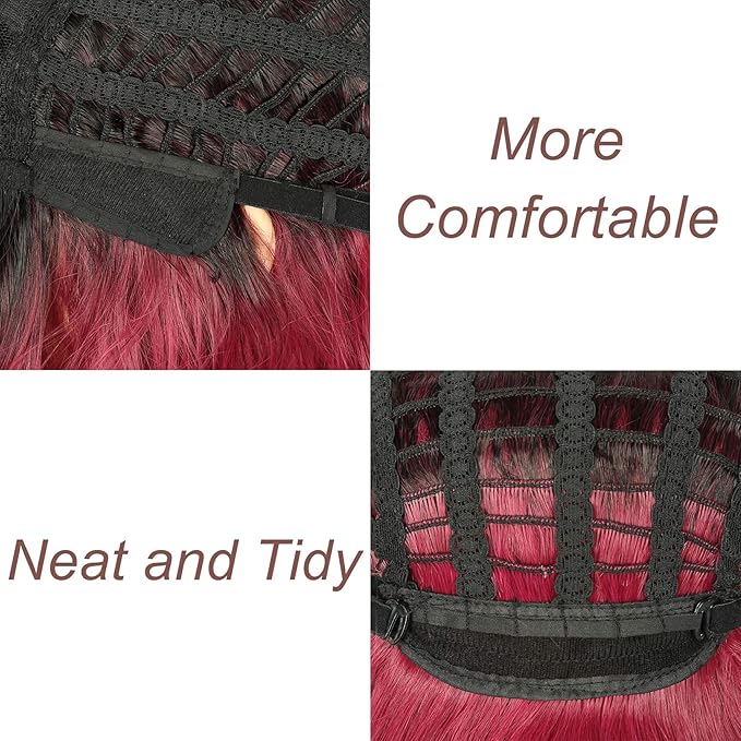 FAELBATY Short Wave Bob pink Wig With Bangs Synthetic Ombre Pink Cosplay Wig for women Halloween Wig Costume Wigs (12" Ombre Dark Red Color)