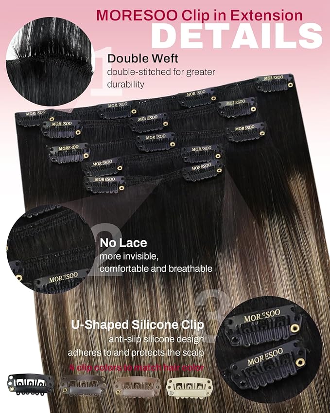Moresoo Black to Blonde Ombre Clip in Hair Extensions Real Human Hair Long Human Hair Clip in Extensions Natural Black to Dark Golden Blonde with Dark Brown Remy Double Weft 80g/5pcs 22 inch